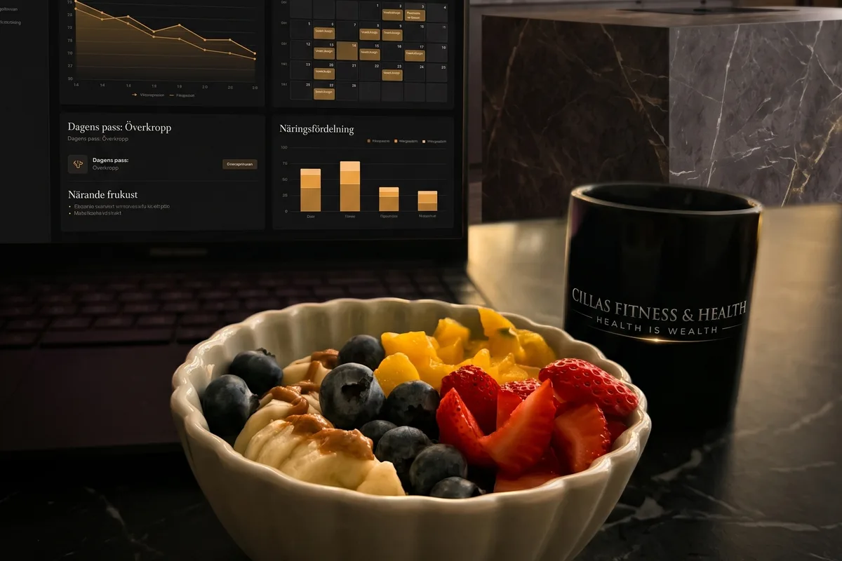 Laptop med träningsdashboard, en frukostskål med frukt och en mugg med Cillas Fitness & Health-loggan